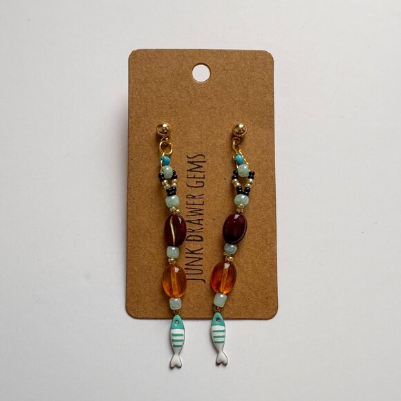 Handmade Beaded Fish Dangle Earrings - Picture 1 of 3